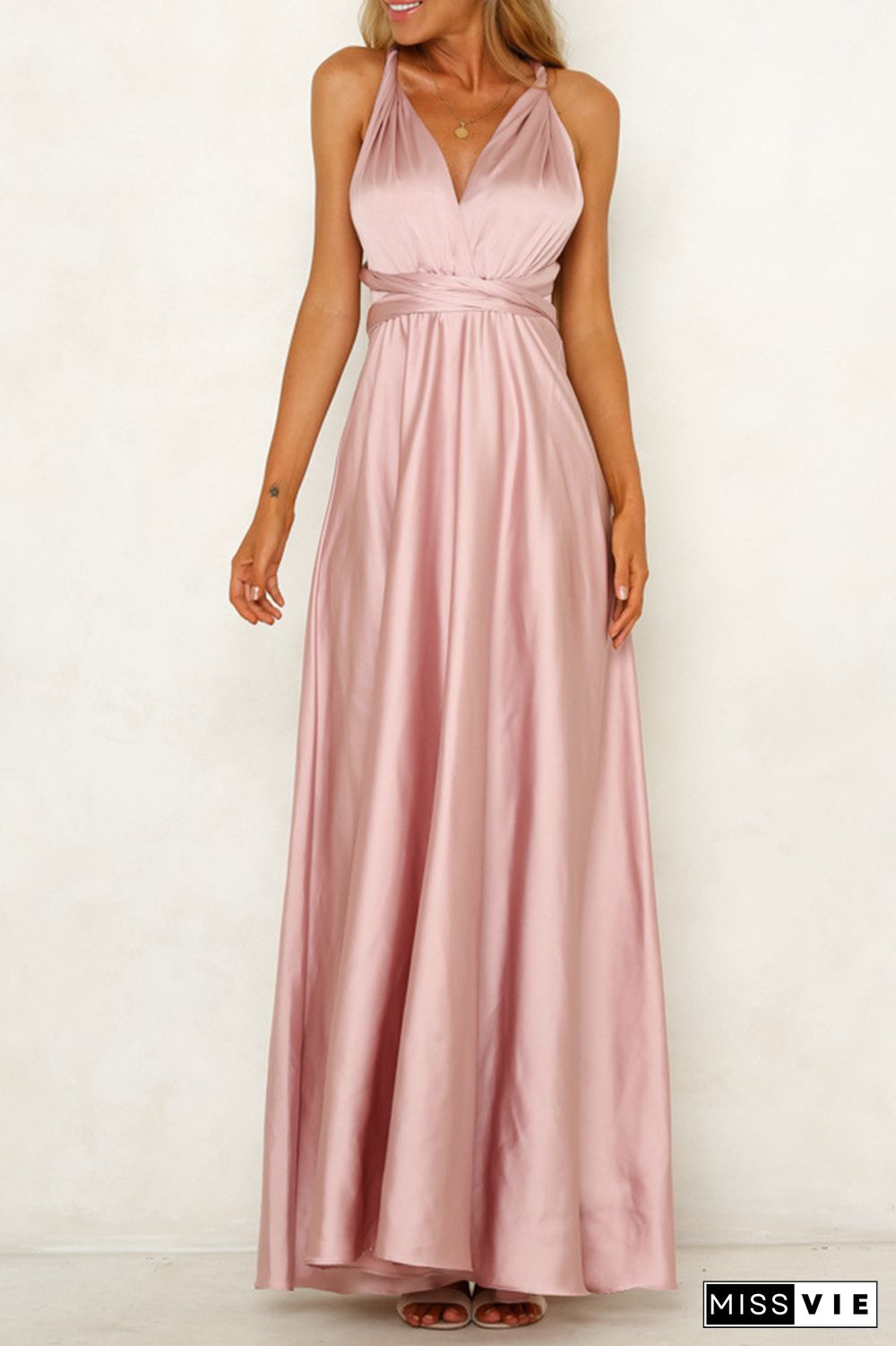 Celebrities Elegant Solid Backless Strap Design V Neck Evening Dress