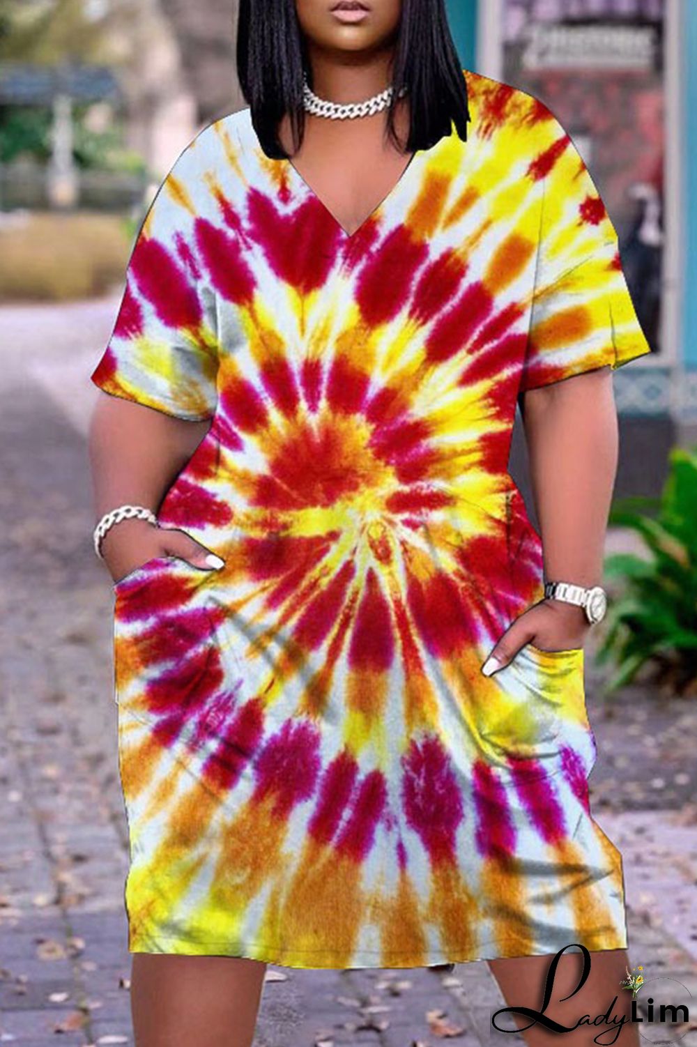 Blue Red Fashion Casual Print Tie-dye V Neck Short Sleeve Dress