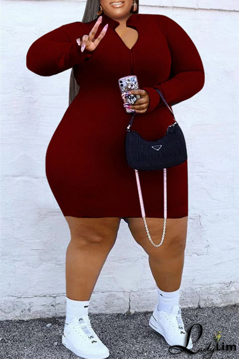 Burgundy Fashion Casual Solid Basic Zipper Collar Long Sleeve Plus Size Dresses