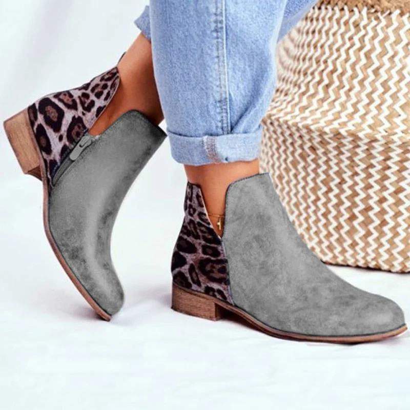 2022 Women Retro Ankle Boots Woman Vintage Leopard Low Heels Women's Zip PU Leather Ladies Shoes Female Short Boots botas mujer