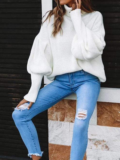 Mayoulove Pure color puff sleeve winter sweater-Mayoulove