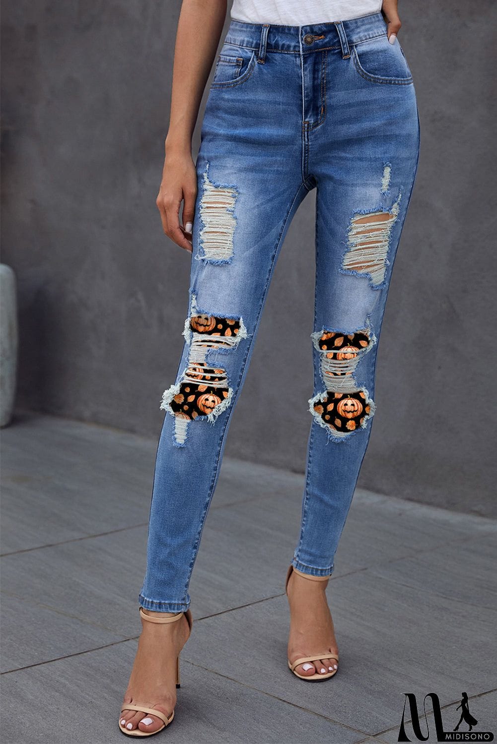 MidiSono - Medium Wash Distressed Halloween Pumpkin Face Patches Skinny Jeans