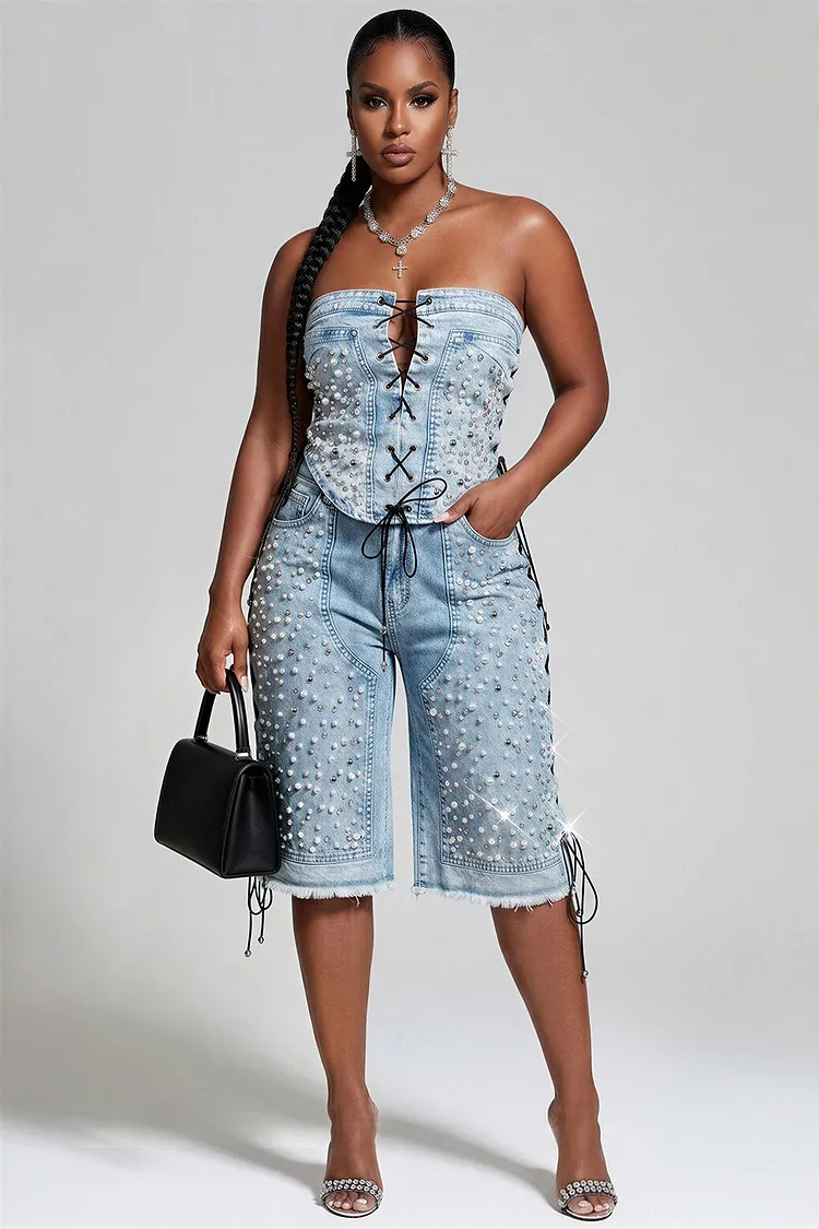 Xpluswear Design Plus Size Party Blue Strapless Pearls Lace Up Denim Two Piece Short Sets [Pre-Order] 2024 - Xpluswear