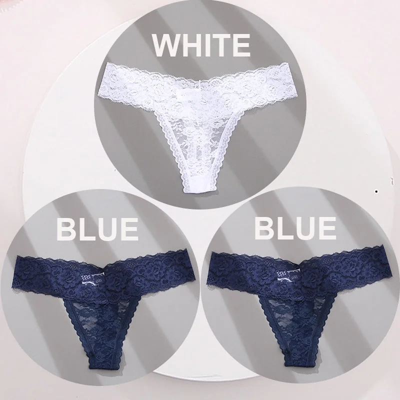 FINETOO 3PCS/Set M-XL G-string Thong Panties for Woman Sexy Lace Floral Underwear Transparent Women's Underpants Female Lingerie