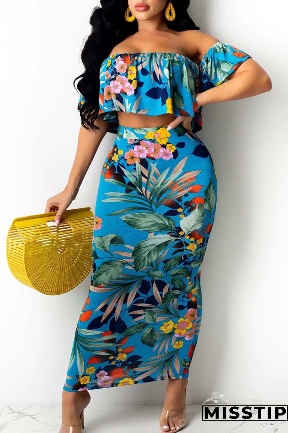 Blue Sexy Print Patchwork Strapless Short Sleeve Two Pieces