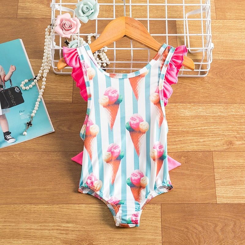 Toddler Girl One Piece Swimsuit Baby Ice Cream Print Swimming Bathing Suit Children Beach Bikini Holiday Swimwear 1 2 3 4T
