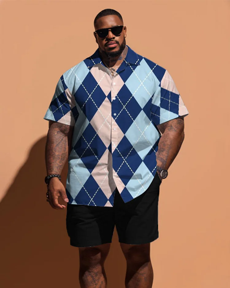 Men's Large Size Simple Diamond Color Contrast Plaid Short Sleeve Shirt Shorts Set