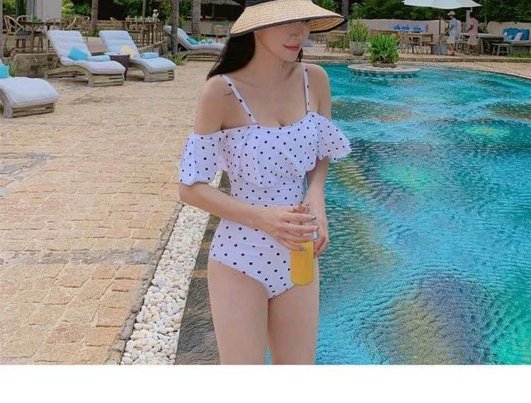 Cute Cold-Shoulder Dotted Ruffled Swimsuit YP1142