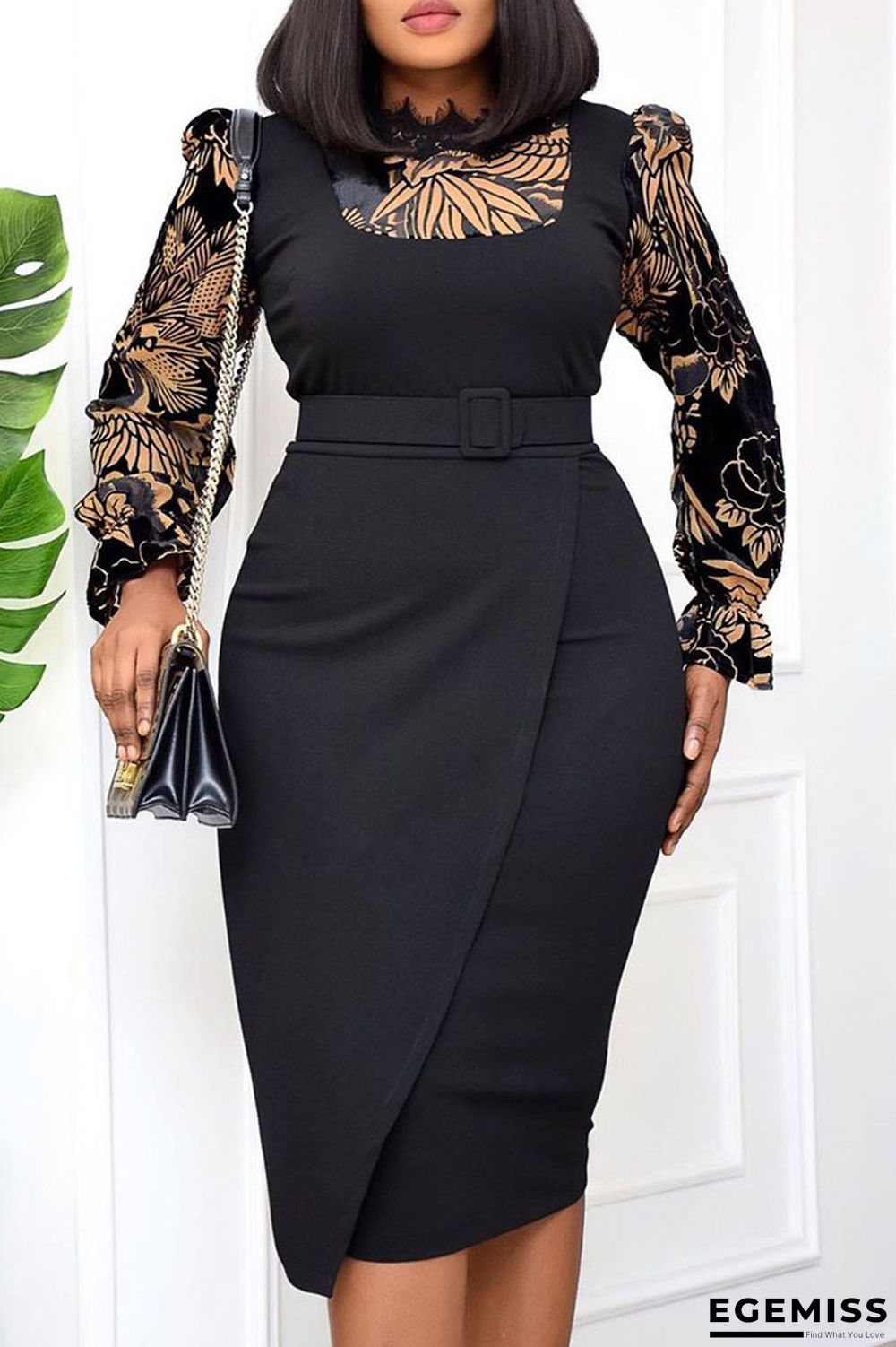 Black Casual Print Patchwork Asymmetrical O Neck One Step Skirt Dresses | EGEMISS