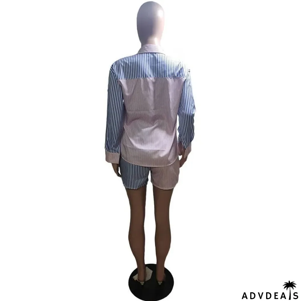 Women's nightclub fashion sexy button striped Chic career long-sleeve shirt Shorts Two Piece Set