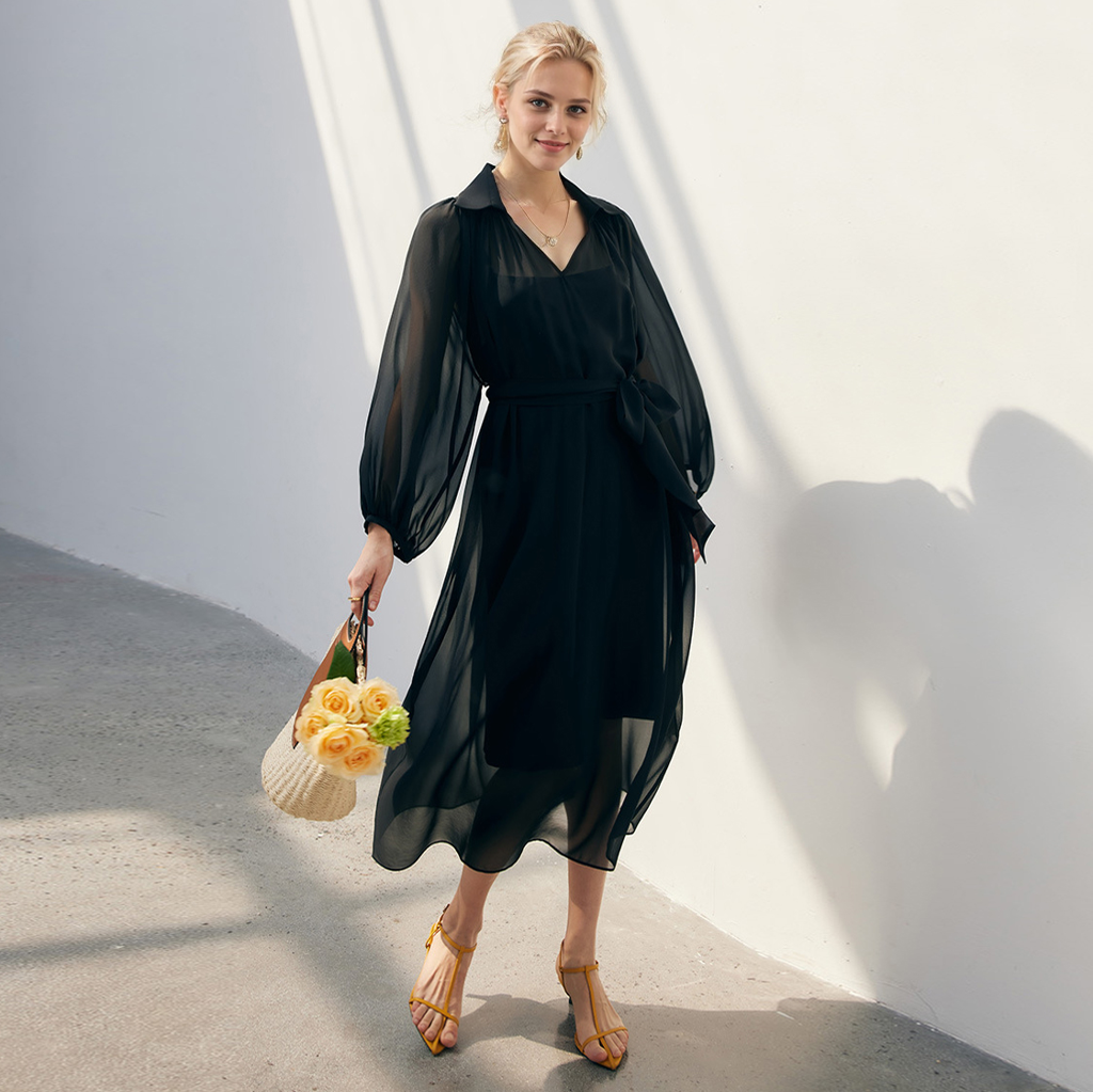 Black Silk Midi Dress Stylish For Work REAL SILK LIFE
