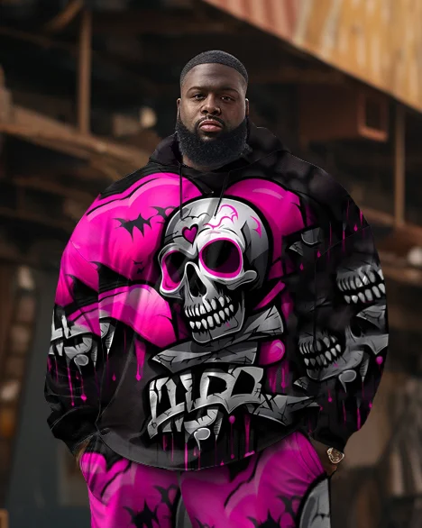 Men's Large Size Pink Heart Skull Hoodie Two Piece Set