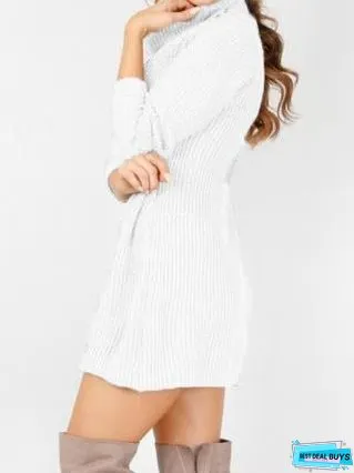 Fashion Long Sleeve Casual High Neck Striped Knit Sweater Dress