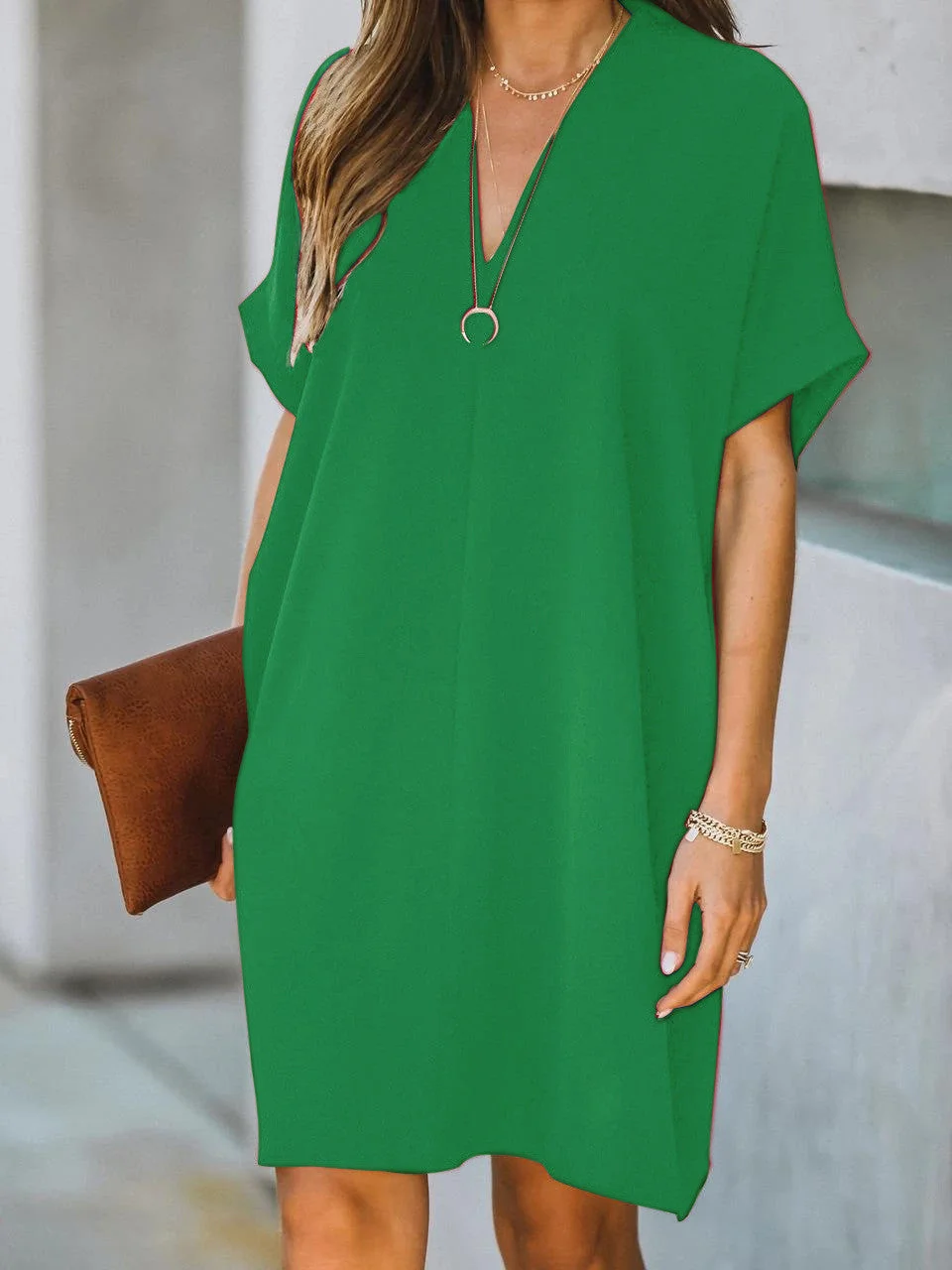 Women plus size clothing Women's Short Sleeve V-neck Solid Color Casual Dress-Nordswear