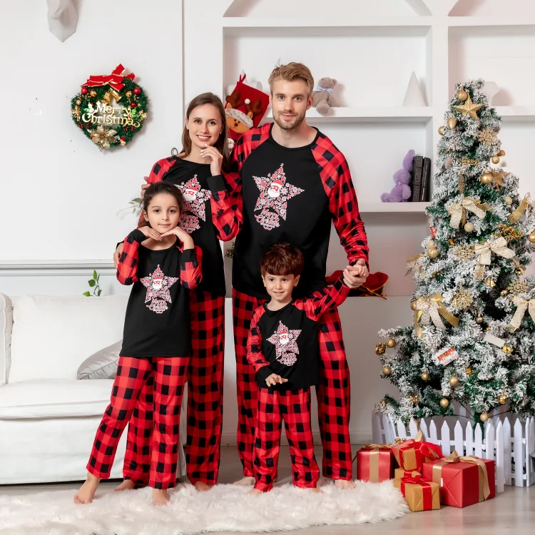 Christmas Star Santa Cartoon Print Red Plaid Family Matching Pajamas Sets
