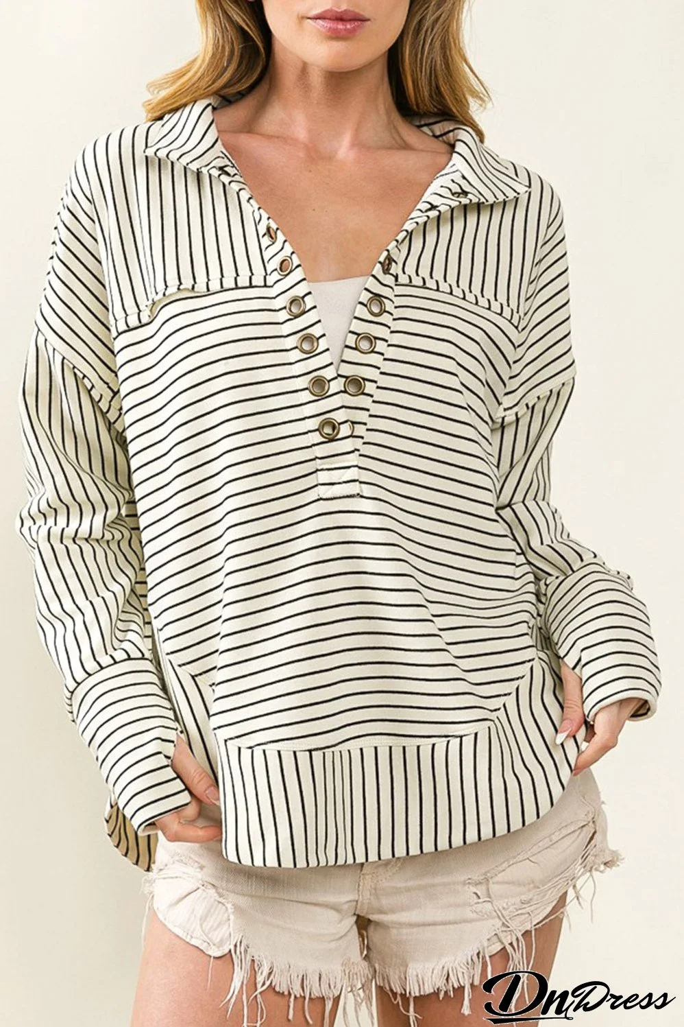 White Striped Thumbhole Drop Shoulder V Neck Top