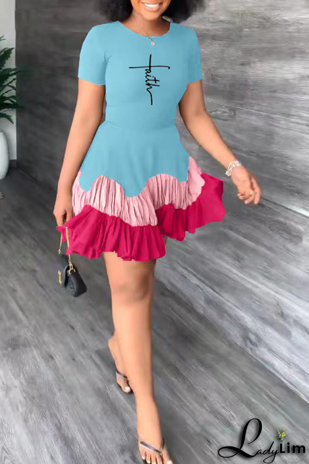 Black Fashion Print Flounce O Neck Cake Skirt Dresses