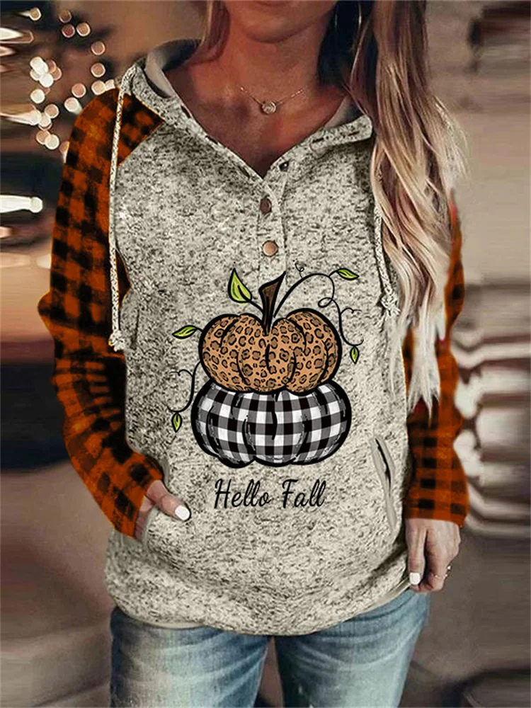 Hello Fall Pumpkins Plaid Patchwork Hoodie