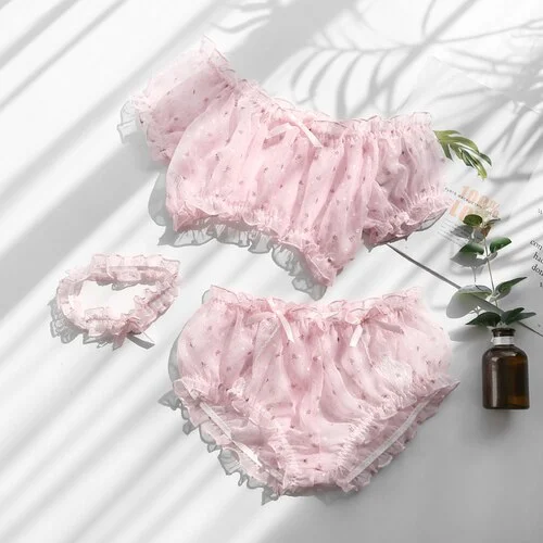 Billionm Pastoral Girly Style Sexy Lingerie Underwear Tranparent Floral Cute Chiffon Beautiful Tube Top Bra Panty Leg Ring 3pcs Set