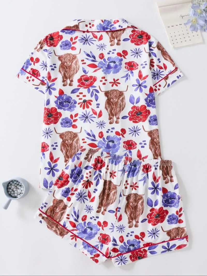 Women's Floral & Cow Print Top & Shorts Pajama Two-piece Set, Casual Comfy Short Sleeve Top & Shorts Pajama Set, Ladies Sleepwear for Summer, Womenswear