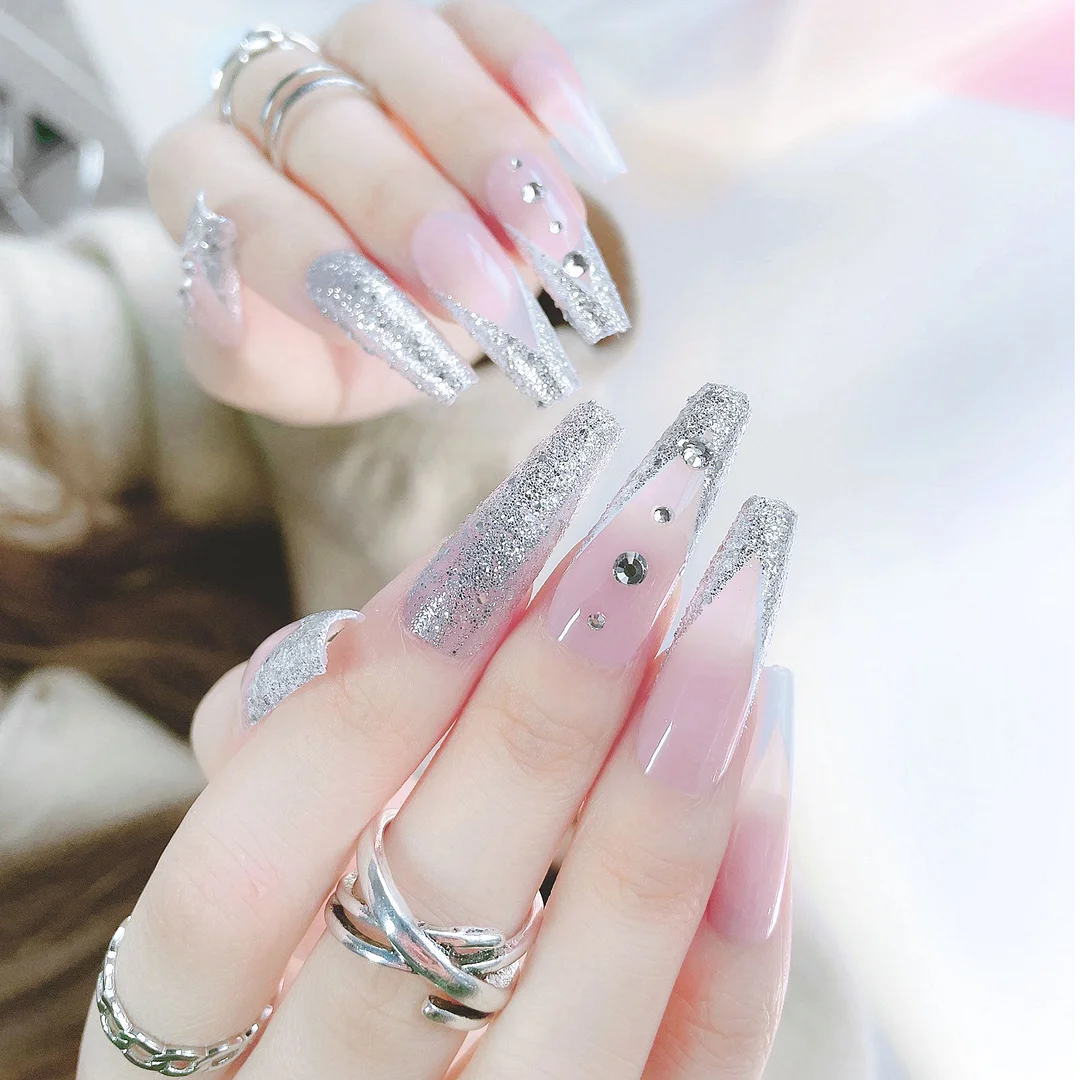 Glitter Extra Long False Nails Ballerina Wearable Coffin Fake Nails Full Cover Nail Tips fake nail with design Manicure Tool-Nail Inspo