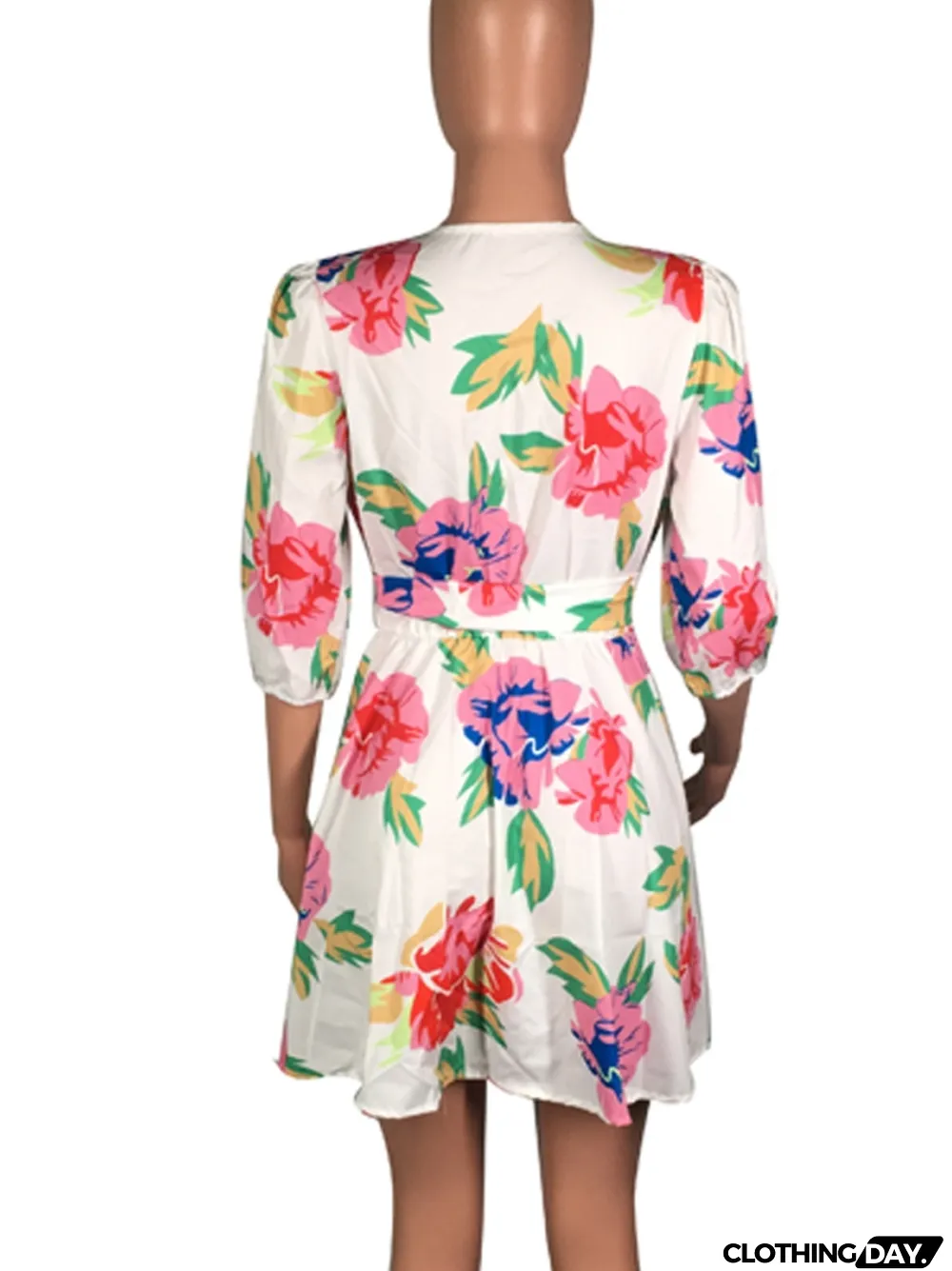 Autumn Casual Sexy Deep-V Floral White Skater Dress with Belt