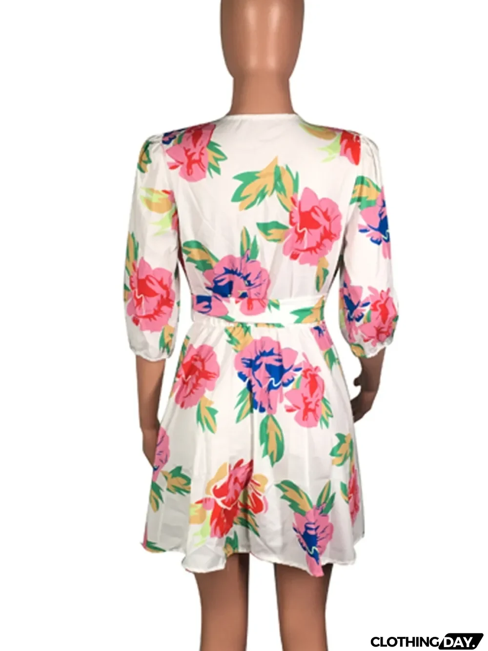 Autumn Casual Sexy Deep-V Floral White Skater Dress with Belt