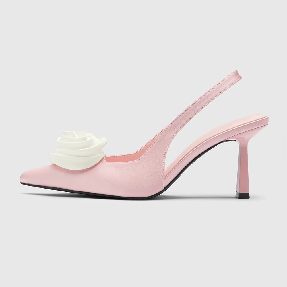 Light Pink Pointed Toe Rose Decor Stiletto Heel Slingback Pumps