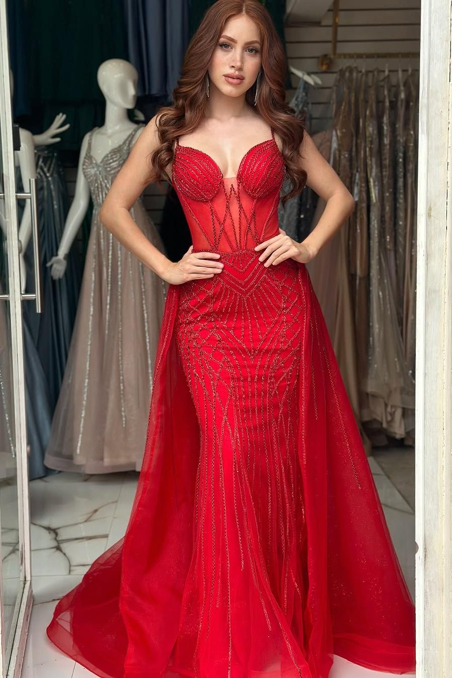 Elegant Red Sequins Sweetheart Sleeveless Prom Dress with Detachable Train | MS0399  