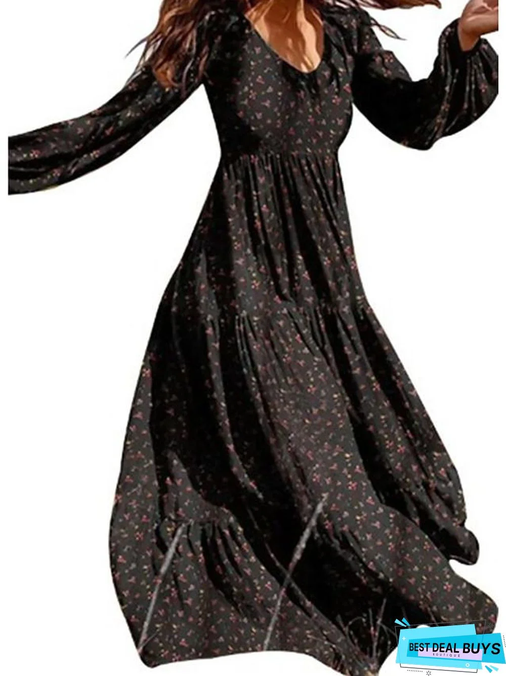 Women's Swing Dress Maxi Long Dress Long Sleeve Floral Patchwork Print Fall Spring Casual Black Green Beige Black Dresses