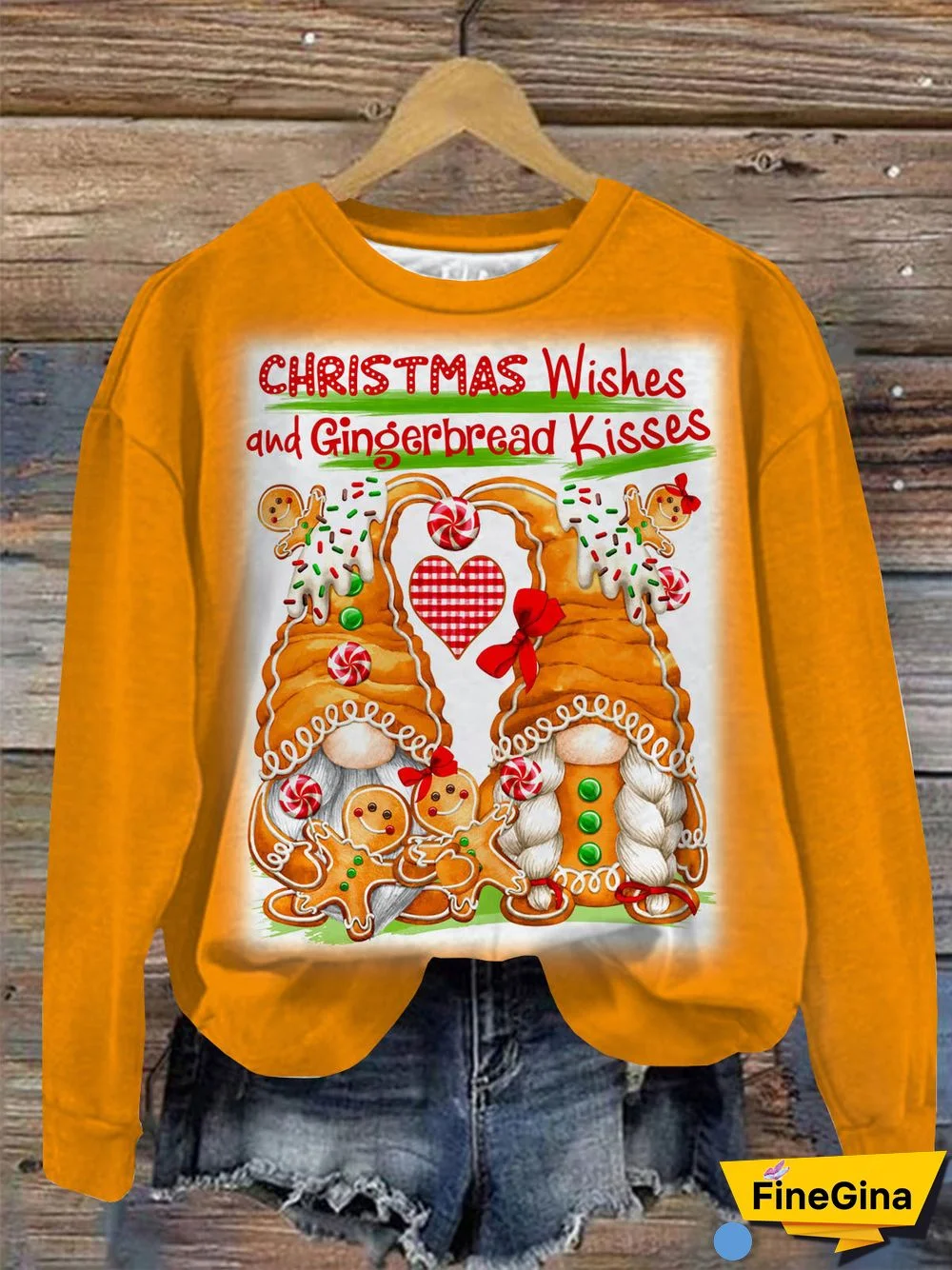 Christmas Gnome Print Round Neck Long Sleeve Top