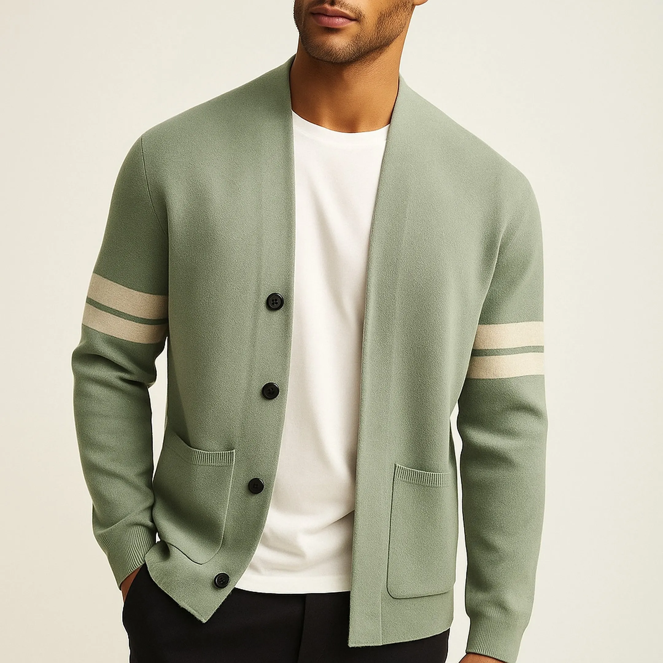 Men's Merino Blend Knit Cardigan &ndash; Varsity Stripe Layering