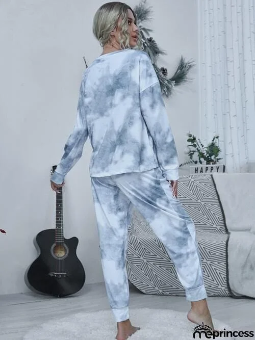 Tie-dye Round Neck Top and Drawstring Pants Lounge Set