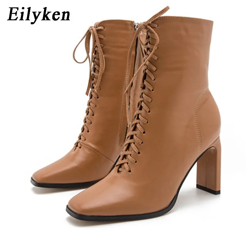 Eilyken Size 35-42 Women Square Head Ankle Boots Fashion Cross Strap Square High Heels Winter Shoes Zipper Office Lady Boots