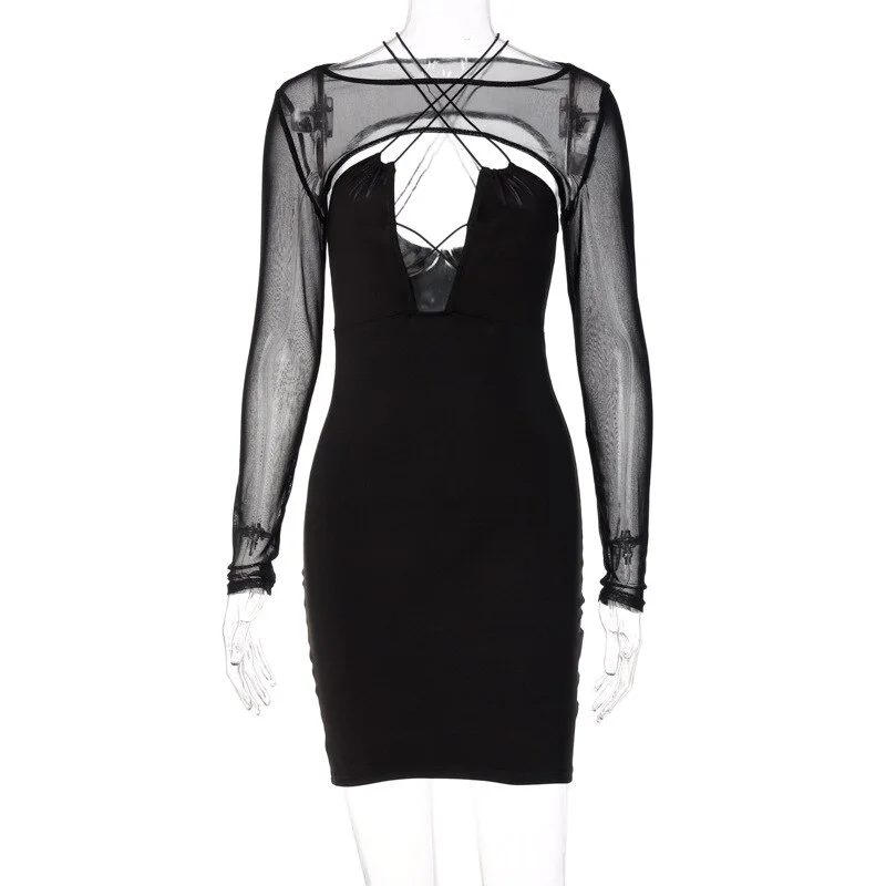 Solid Halter Bandage Dress with See Through Shoulder Top 2 Pieces Sets Summer Fall Elegant Streetwear Outfit