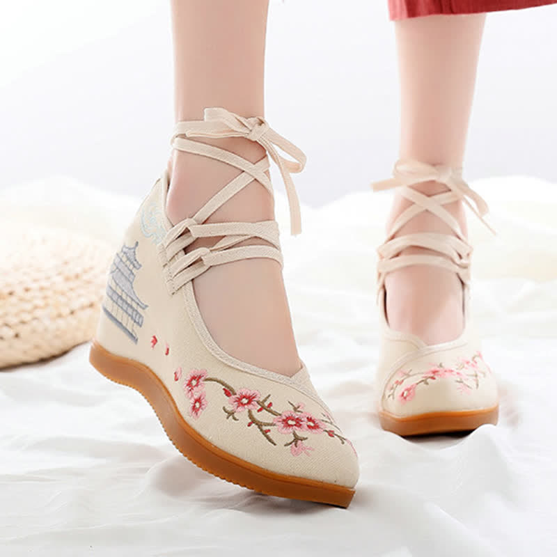Vintage Blossom Embroidery Lace Up Flats Shoes - Modakawa modakawa