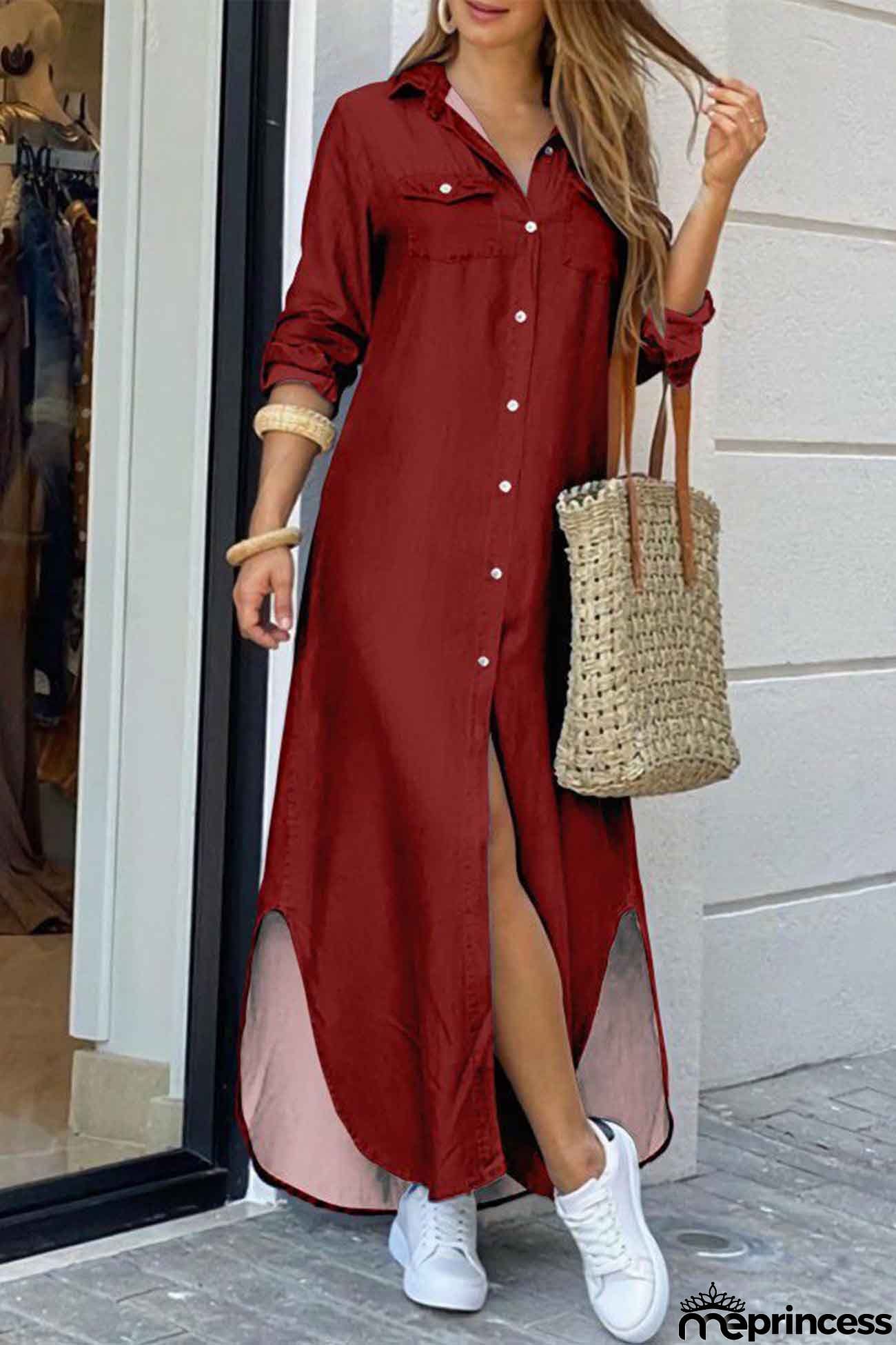 Long Sleeve Button Up Pocket Shirt Dress