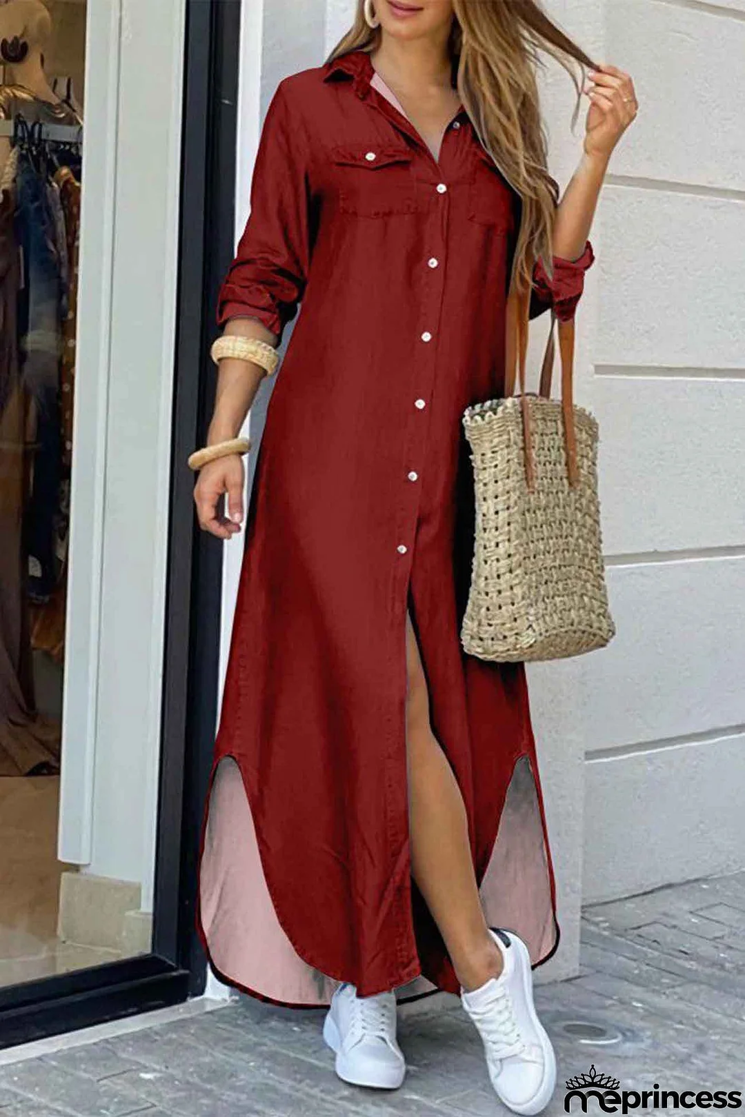 Long Sleeve Button Up Pocket Shirt Dress