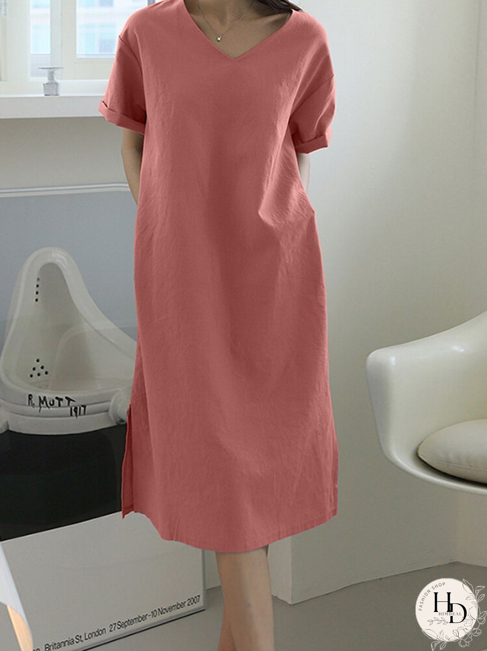 Solid Pocket Slit Hem V-neck Rolled Short Sleeve Dress