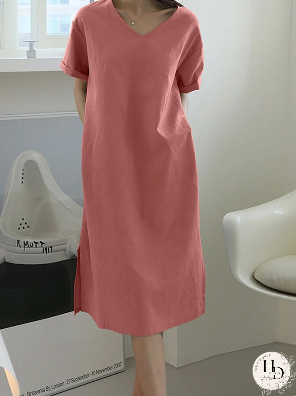 Solid Pocket Slit Hem V-neck Rolled Short Sleeve Dress