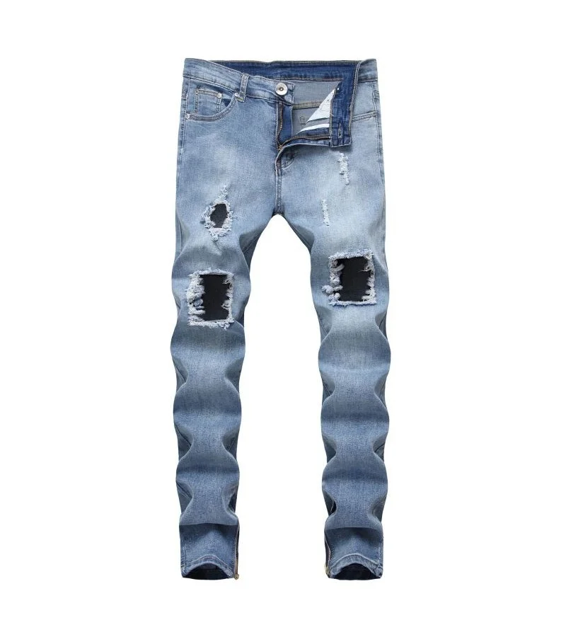 High Street Men Cotton Slim Fit Zipper Design Ripped Jeans