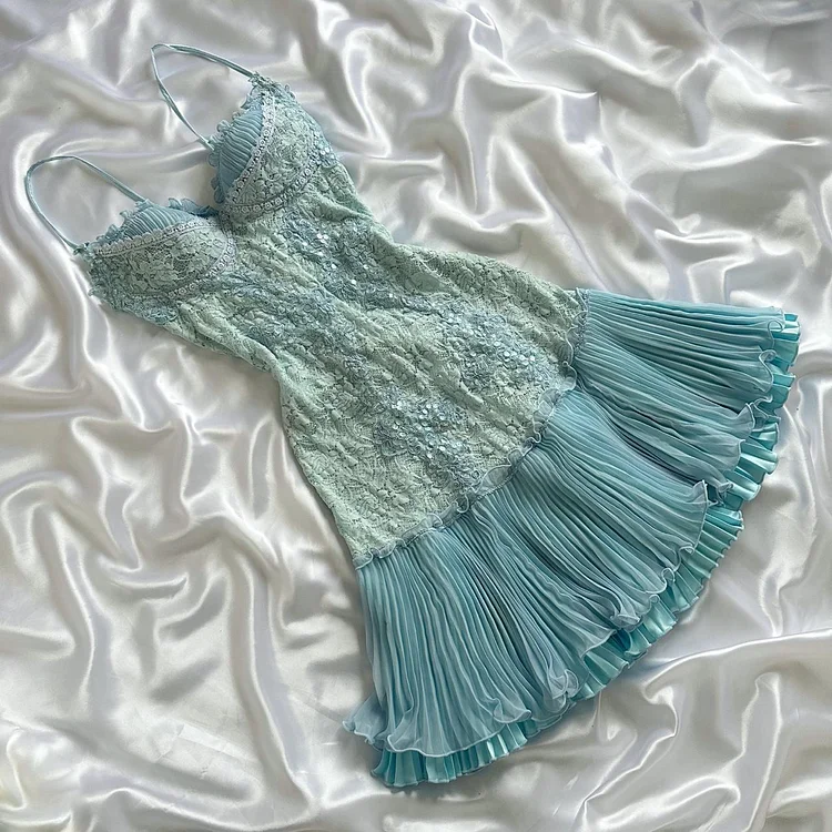 ❄️✨Powder Blue Sparkling Charming Retro Princess Stunning Unique Fashionable Beautiful Elegant Delicate Lace Short Lace Sequin Homecoming Dress Prom Dress Evening Dress Birthday Party Dress Prom Dress