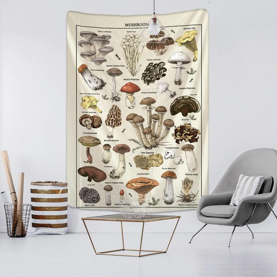 Mushroom Identification Chart Tapestry Wall Hanging Mycology Psychedelic Witchcraft Tarot Retro Home Decor