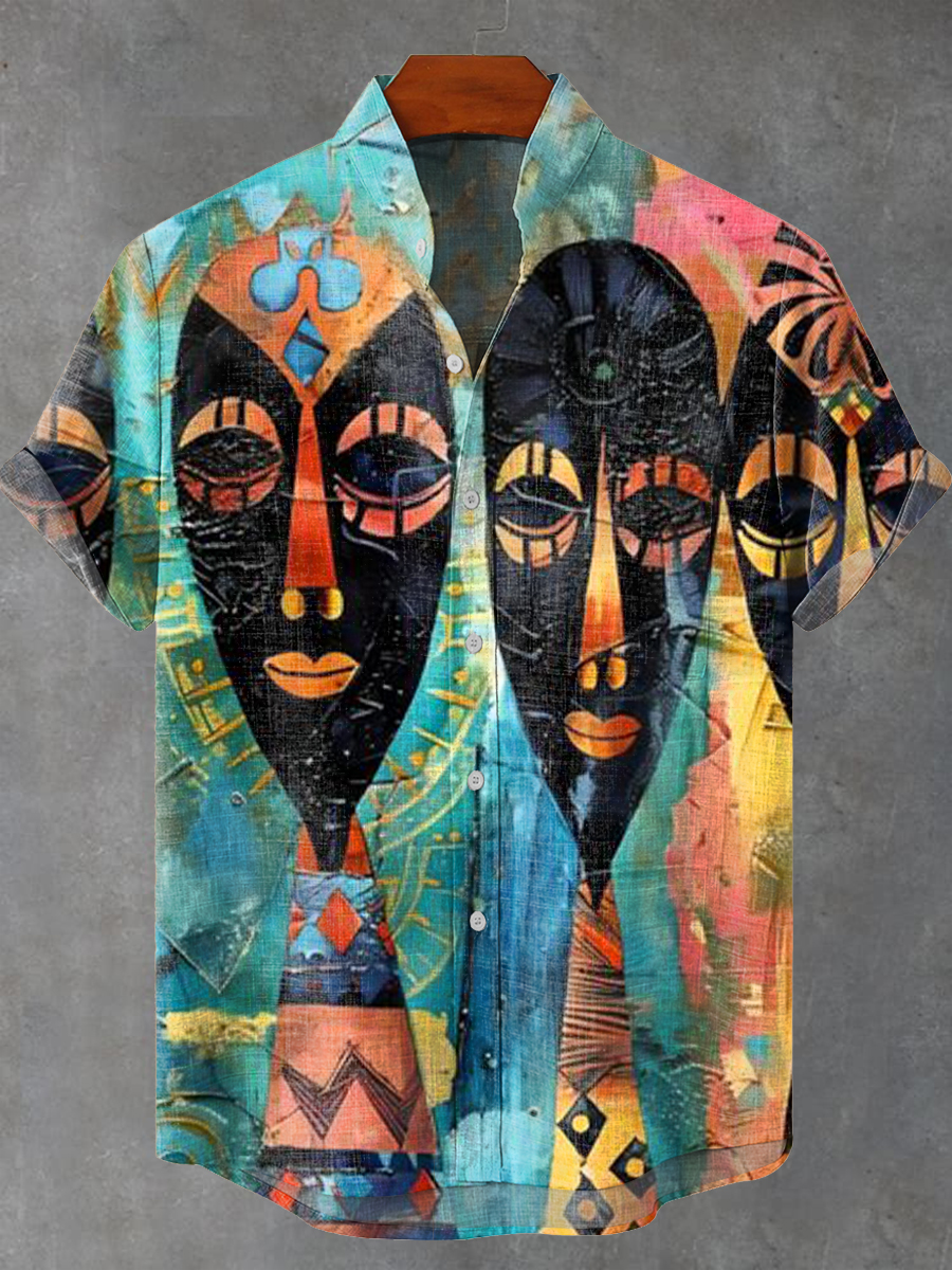 Vintage Colorful African Mask Painting Art Print Casual 100% Cotton Shirt