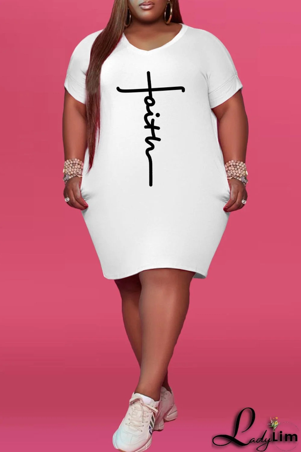 Black Fashion Casual Print Basic V Neck Short Sleeve Dress