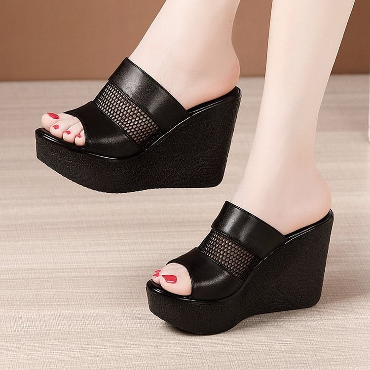 Plus Size 32-43 High Heels Slippers Women Wedding Shoes Summer Cutout Platform Wedges Slides Ladies Slippers for Office - BlackFridayBuys