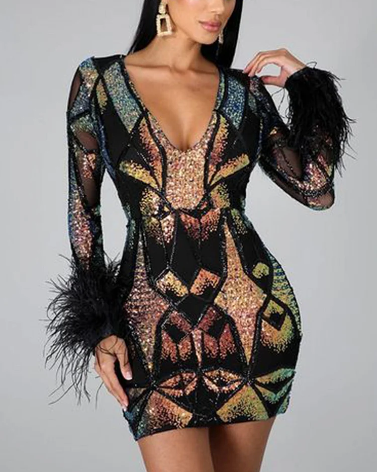 Sexy Sequins Design Exquisite Long Sleeve Ostrich Feather Slim Evening Party Dress
