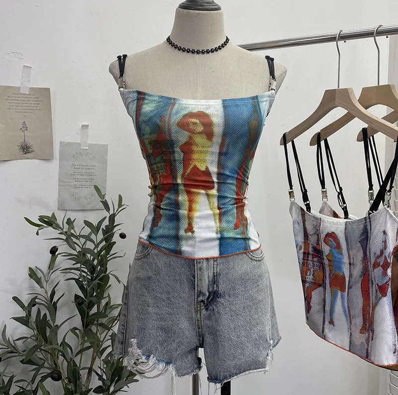 Uveng Sexy Hottie Shoulder Strap Small Print Slimming Sling Vest Short Sleeveless Top 8830