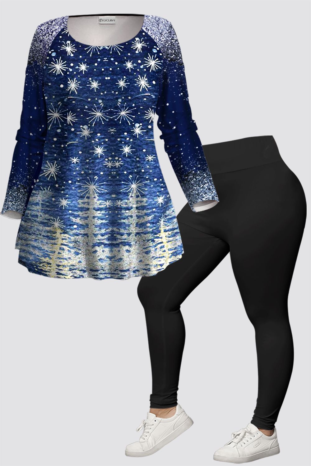 Flycurvy Plus Size Casual Blue Ombre Sparkly Print Long Sleeve Two Piece Pant Set 2024 - Flycurvy 