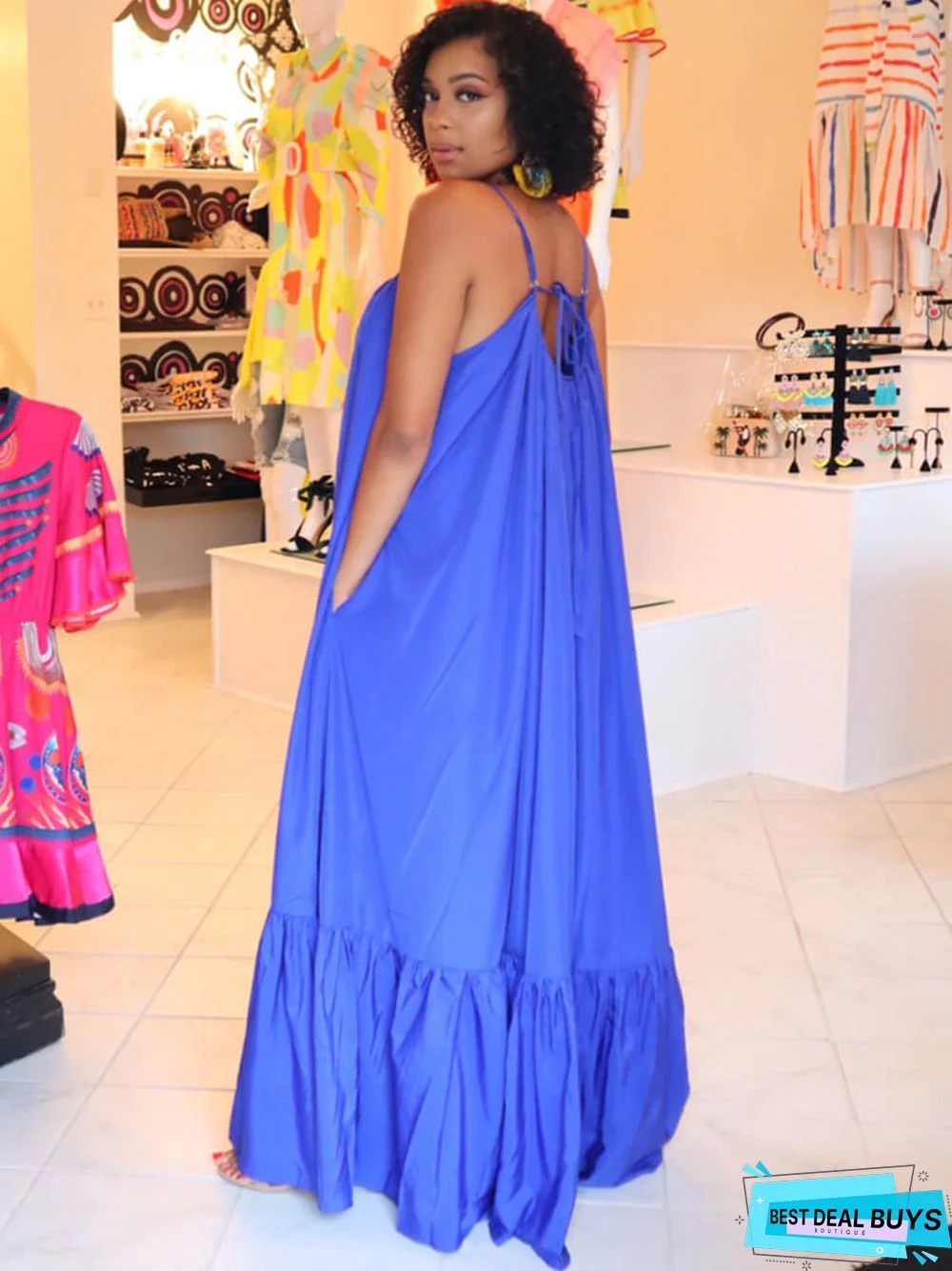 Plus Size Spaghetti Strap Ruffle Beach Maxi Swing Dresses